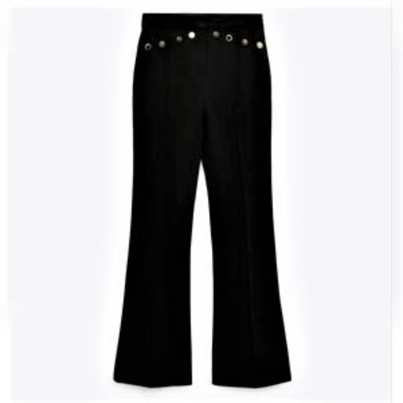 Nwt Zara Gold Metal Cresent Button black flared pant LRG MSRP $140 BLOGGERS FAV - Picture 2 of 6